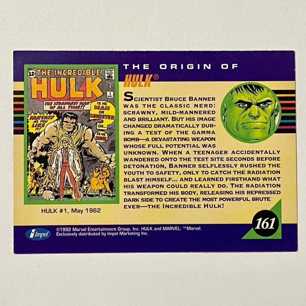 Vintage Marvel 1992 Hulk Series 3 Origins of HULK Impel Card 161 MARVEL Universe